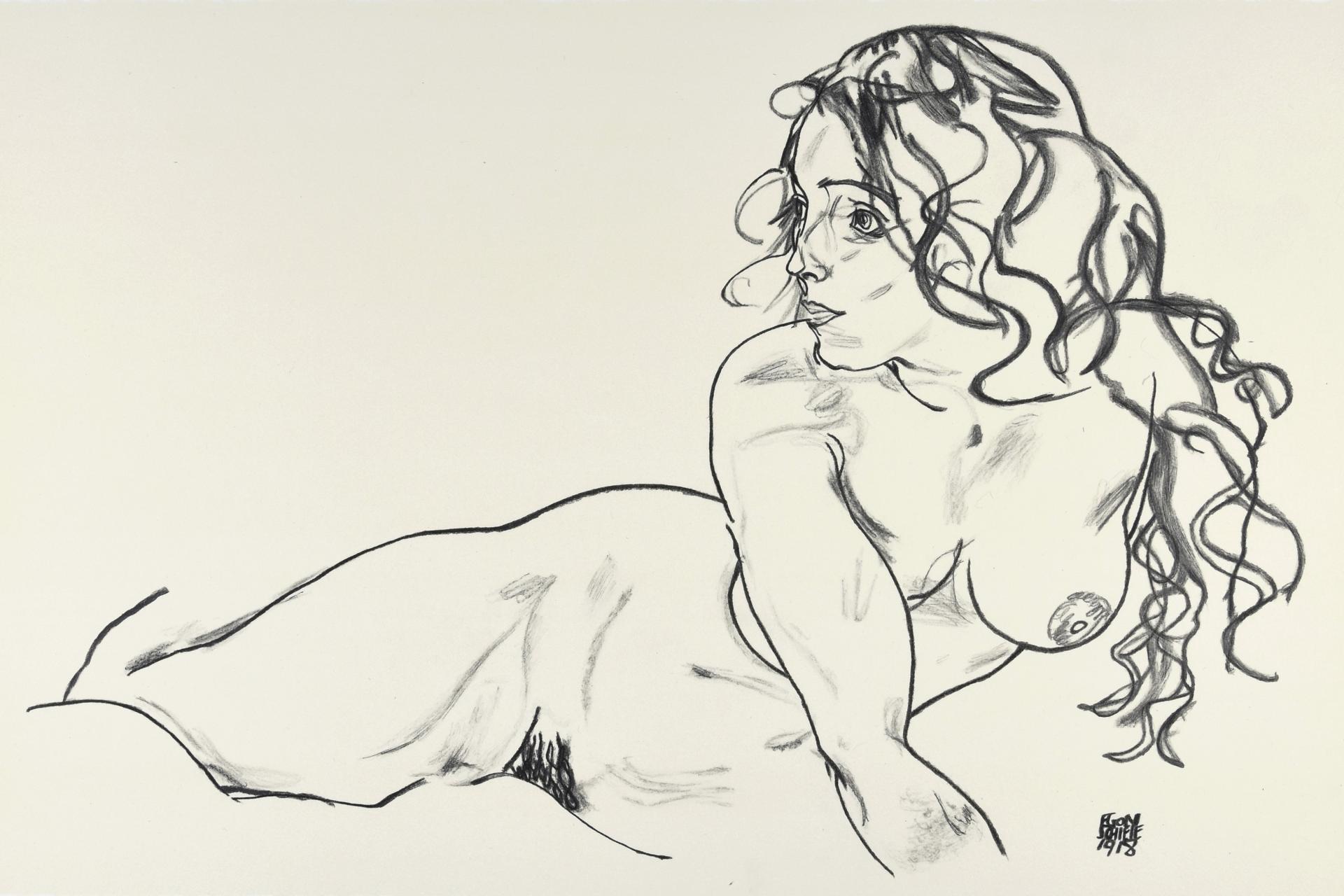 EGON SCHIELE |  Lithograph | The girl with long hair, 1918 (Reclining female nude with long hair / Liegender weiblicher Akt mit langem Haar)